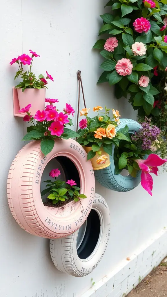 Colorful tire planters with various flowers hanging on a wall