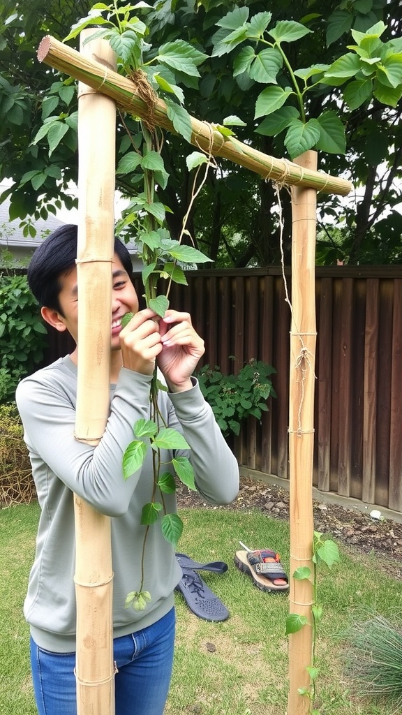 A person smiling while attaching climbing plants to a DIY bamboo trellis in a garden.