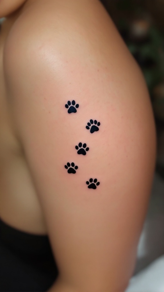 A person's arm with several small black paw print tattoos