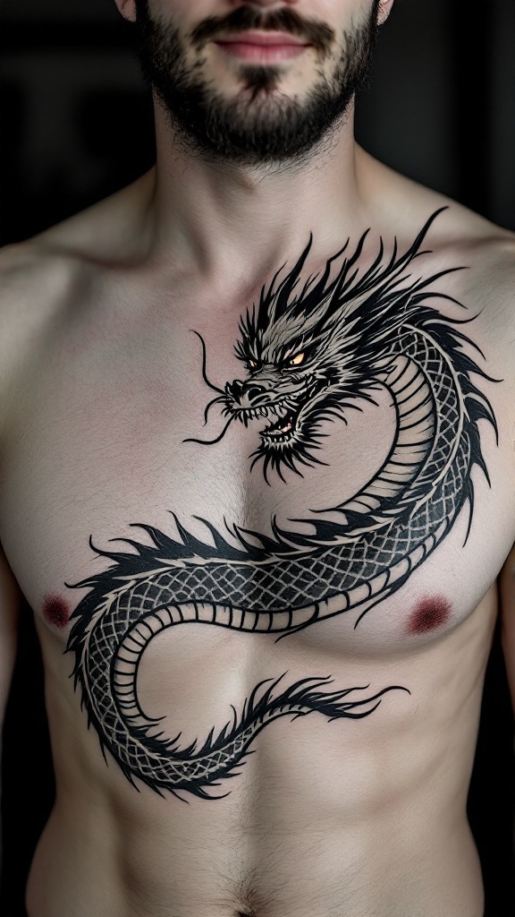 A detailed dragon tattoo on a man's chest.