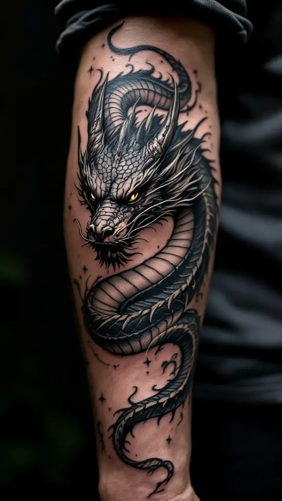 A detailed black dragon tattoo on the elbow, showcasing intricate scales and piercing eyes.