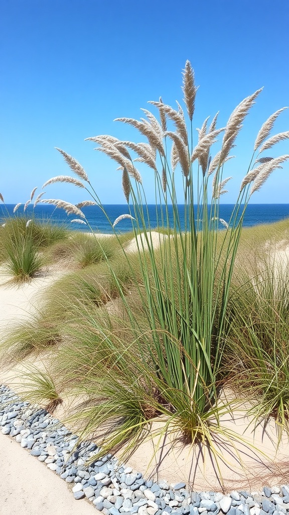 Dune grass with a blue ocean in the background, bordered by smooth stones.