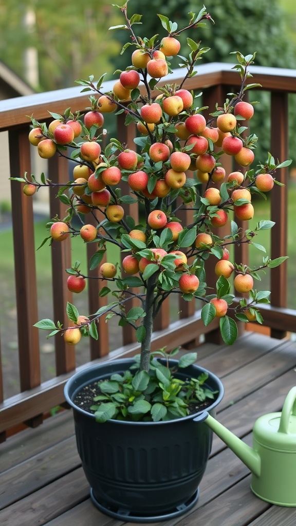 A dwarf apple tree in a pot filled with colorful apples, sitting on a wooden deck next to a green watering can.