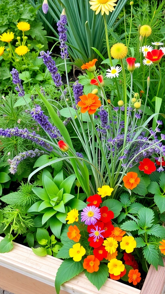 A colorful edible flower bed featuring lavender, nasturtiums, daisies, and herbs.