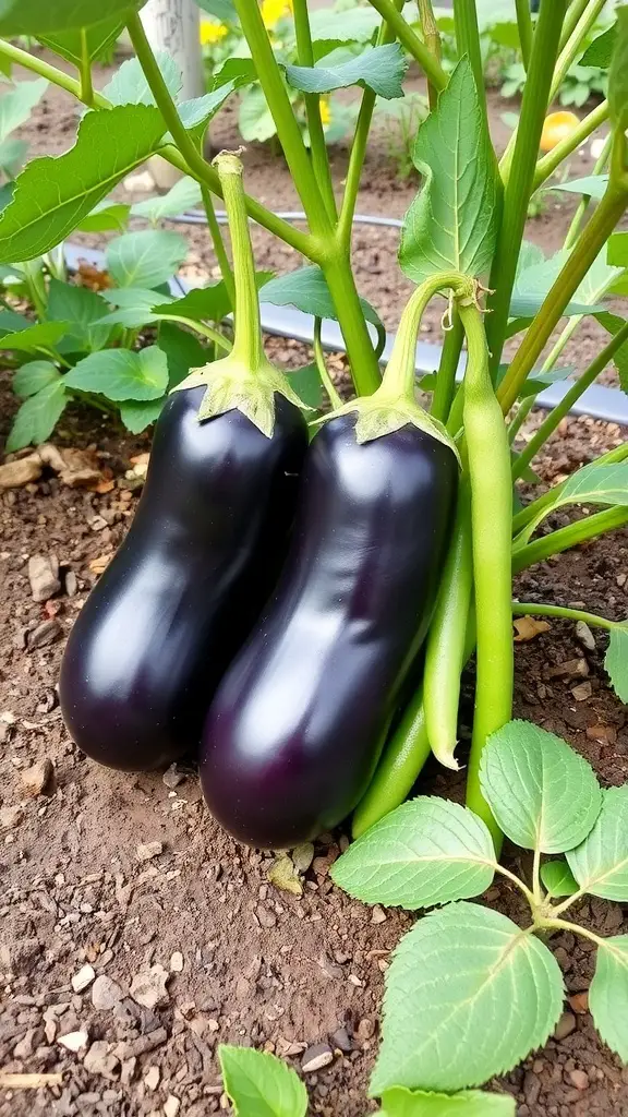 Eggplants growing next to green beans in a garden