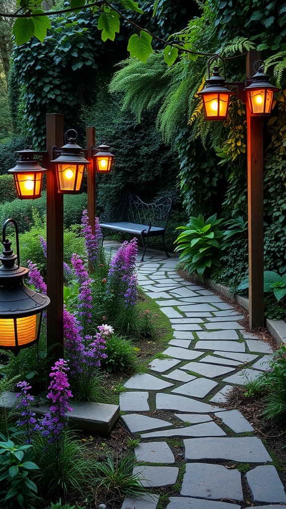 A peaceful garden pathway lined with lanterns and flowers, leading to a bench.