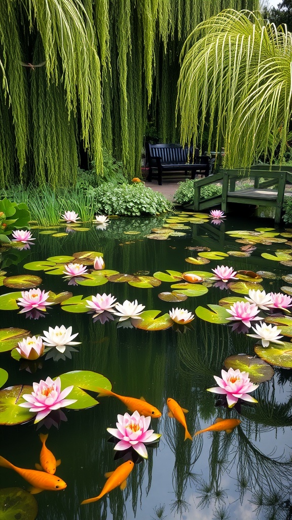 A serene garden pond with pink and white water lilies surrounded by greenery and orange koi fish