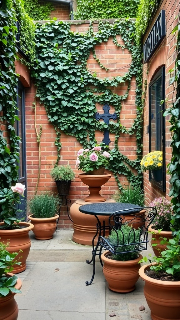 A picturesque English courtyard garden with brick walls, potted plants, and a small table.