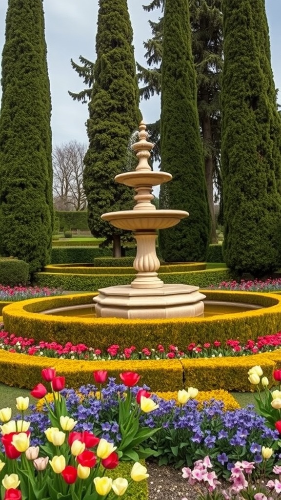 An elegant fountain surrounded by colorful flowers and tall trees in a garden setting.