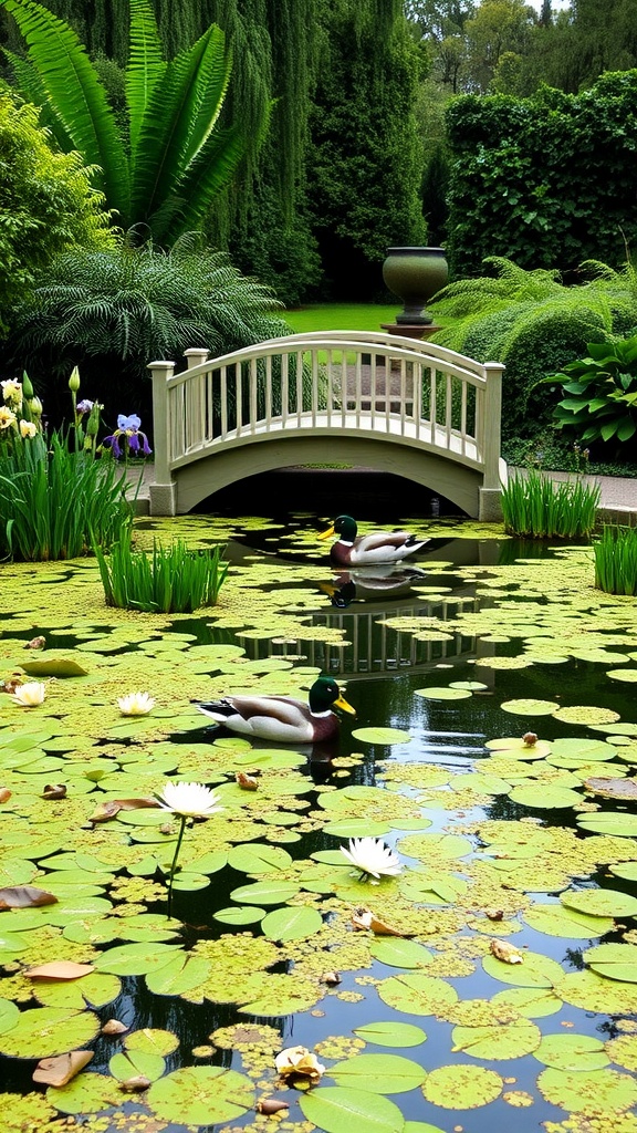 English garden featuring a serene pond with a bridge and ducks swimming