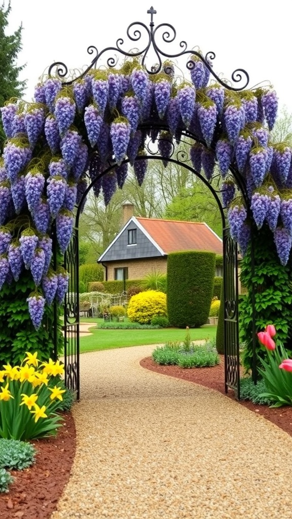 A beautiful ornamental archway covered with purple wisteria leads into a colorful garden.