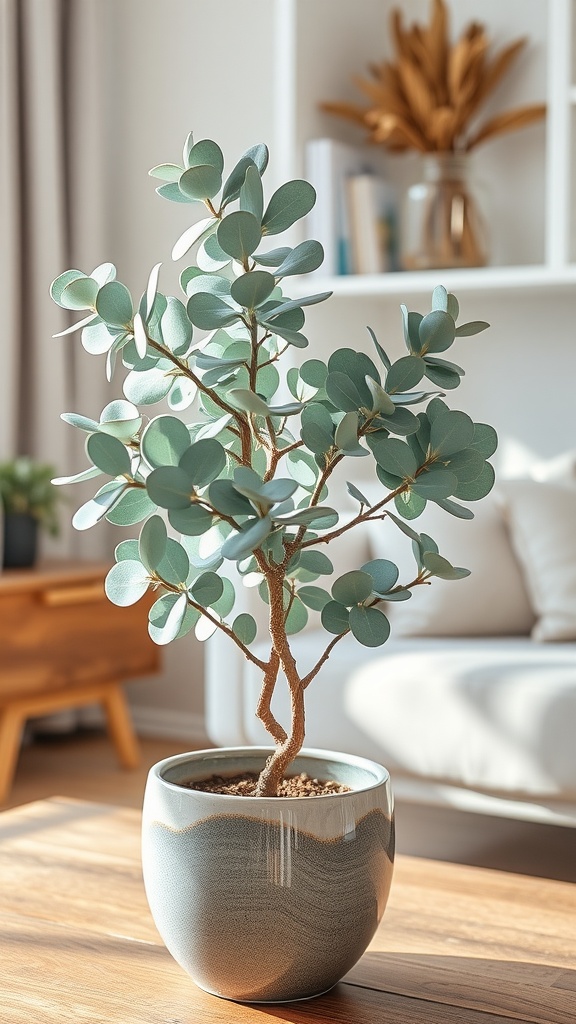 A small eucalyptus plant in a decorative pot, placed in a bright living room setting.