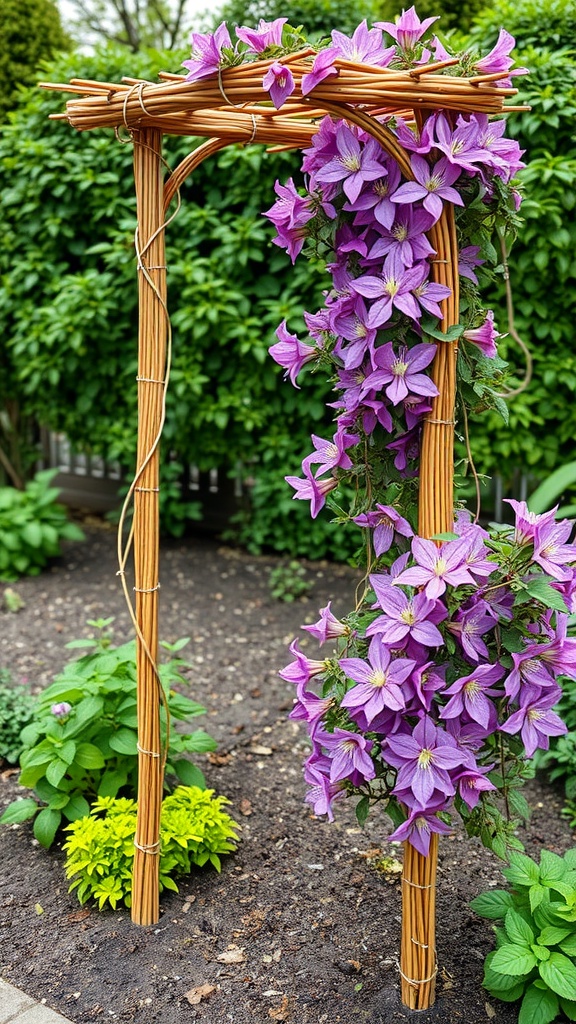 A beautiful expandable willow trellis adorned with vibrant purple climbing flowers.