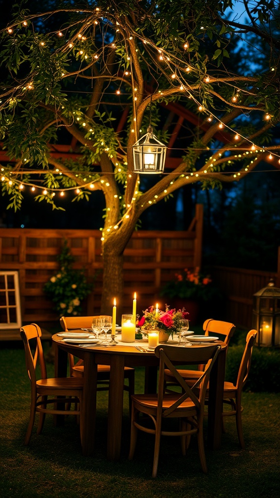 A beautifully set outdoor dining table under a canopy of fairy lights and a lantern.