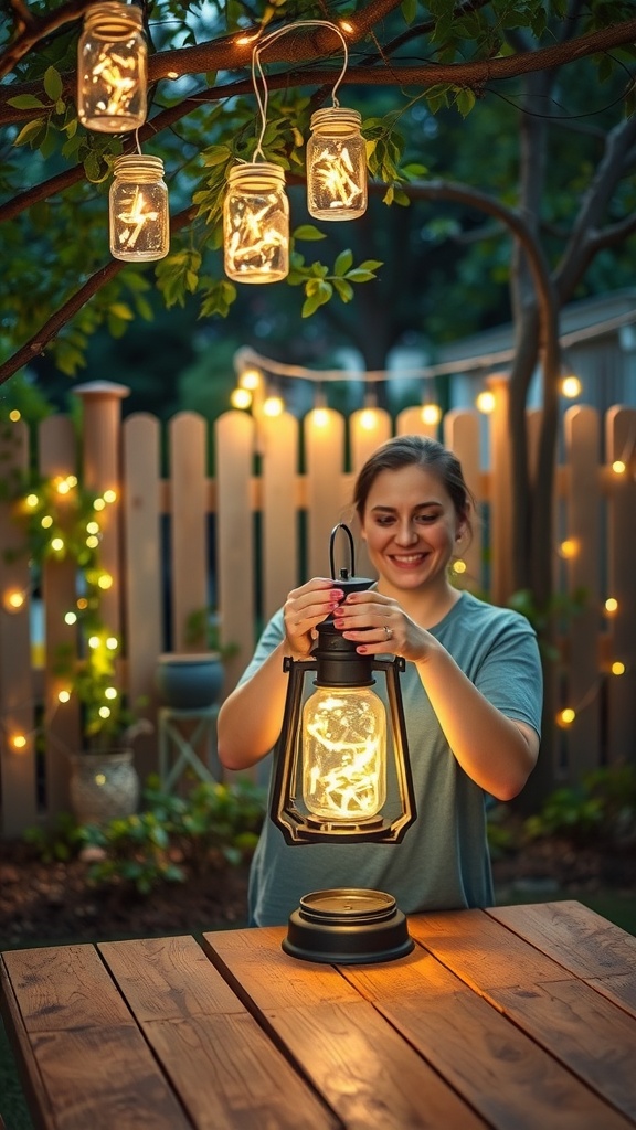 A person placing a lantern among hanging mason jar fairy lights in a backyard setting.