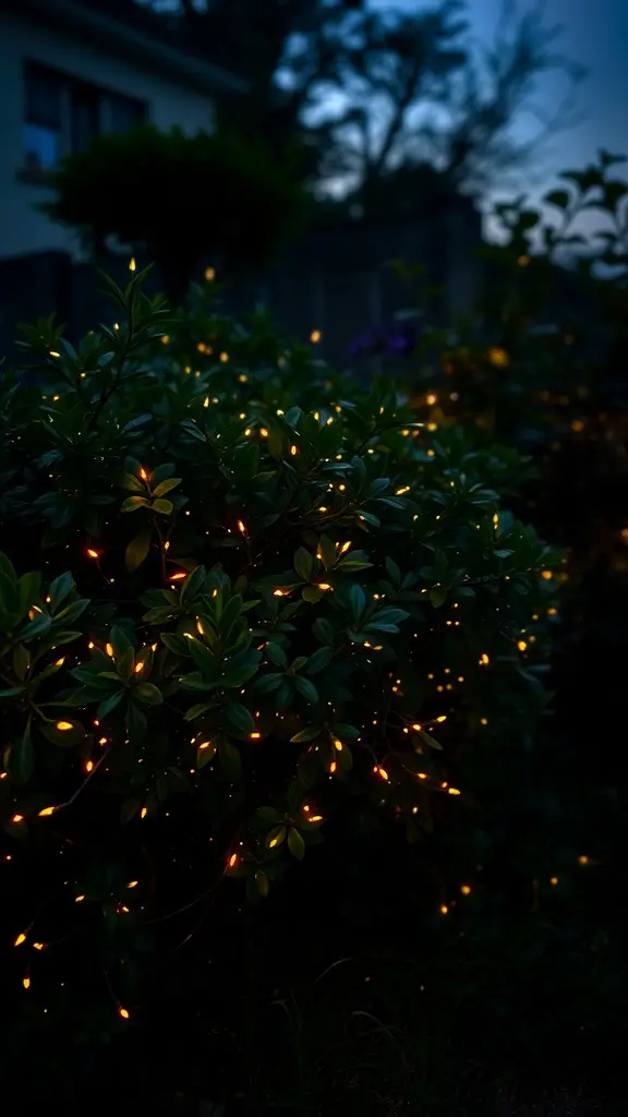 Fairy lights glowing in a bush during twilight