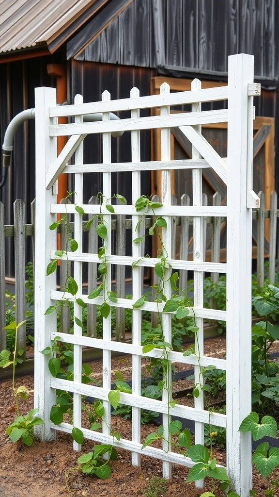 White farmhouse-style trellis with climbing plants in a garden