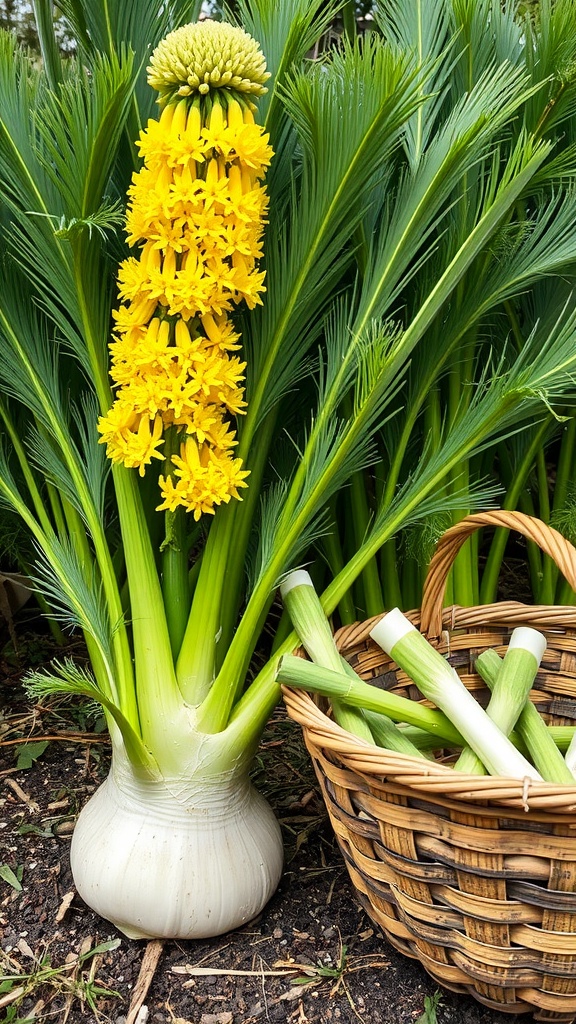 A vibrant fennel plant with bright yellow flowers and a basket of harvested fennel stalks.