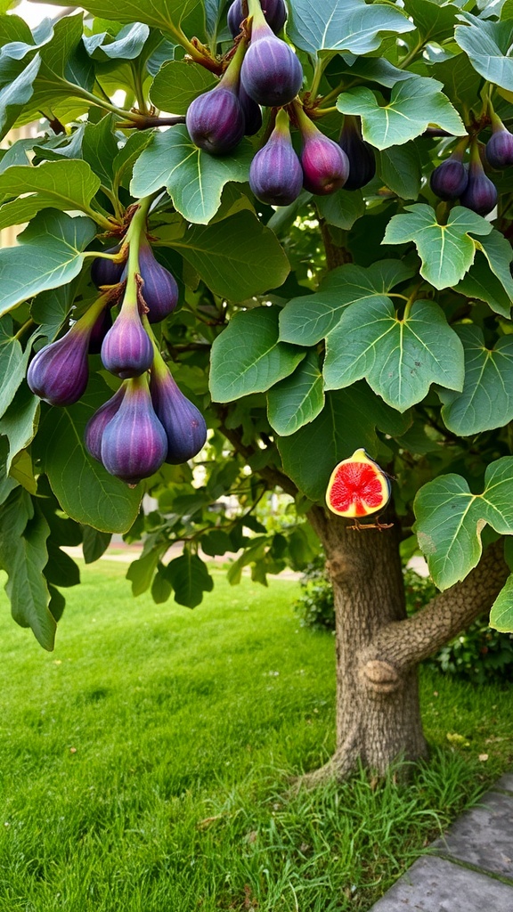 A fig tree with ripe figs and a cut fig showing its interior.