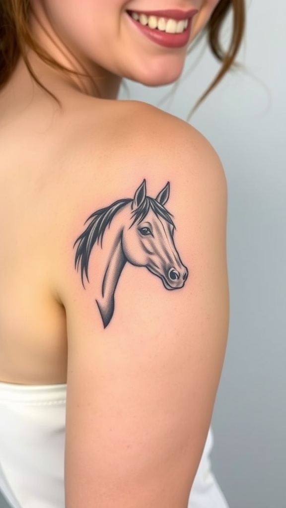 A fine-line tattoo of a horse head on a woman's shoulder, showcasing its elegant design.