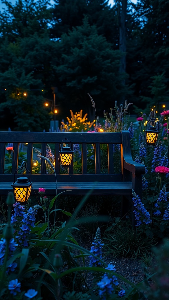 A serene garden at dusk with glowing lanterns and colorful flowers.