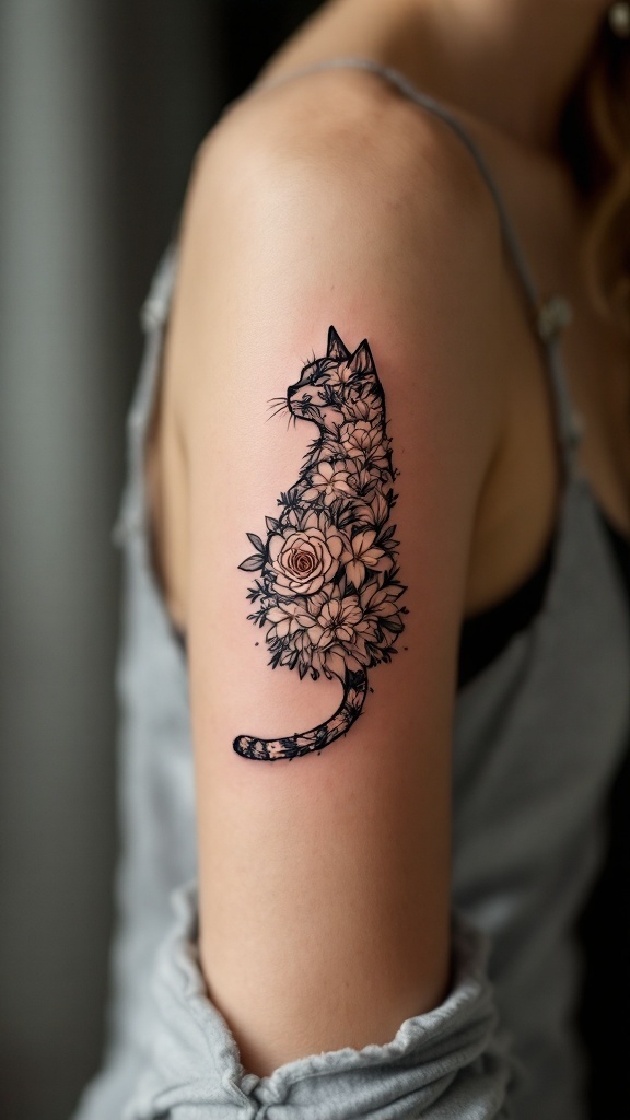 Floral cat memorial tattoo on a person's arm, showcasing a cat's silhouette filled with flowers.