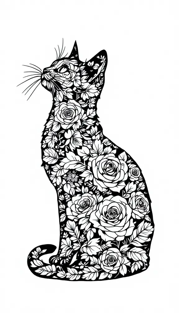 A floral cat tattoo design featuring intricate roses and leaves.