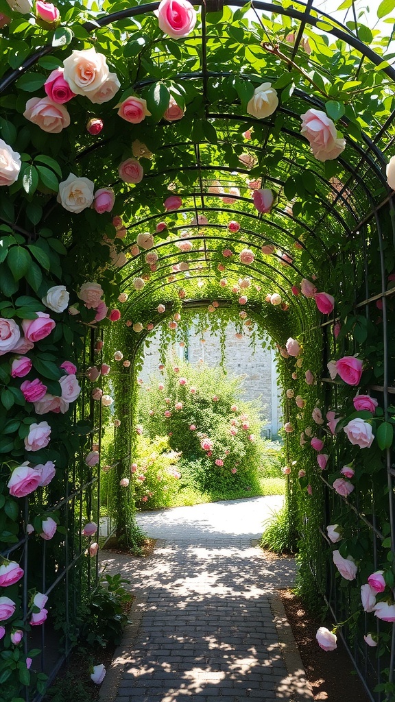 A beautiful floral tunnel walkway adorned with pink roses and lush greenery.