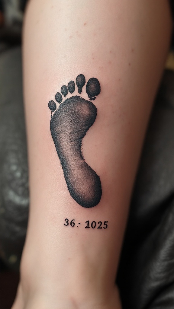 A tattoo of a child's footprint with numbers underneath.