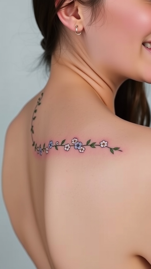 A close-up of a delicate forget-me-not tattoo design along a woman's spine.