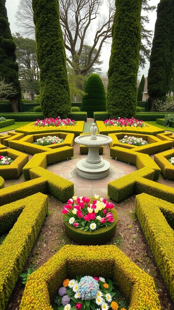 A formal English garden featuring boxwood hedges and colorful flower beds.