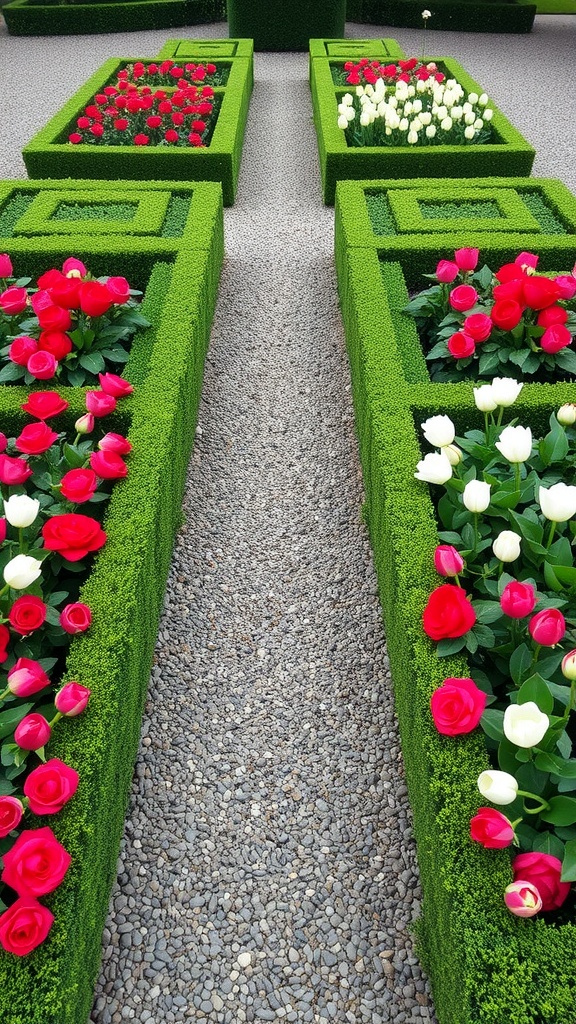 A formal symmetrical flower bed featuring red roses and white tulips organized in green hedges with a gravel path.