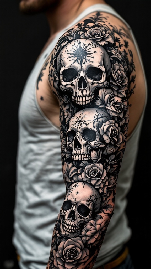 Full sleeve black and grey tattoo featuring skulls and roses