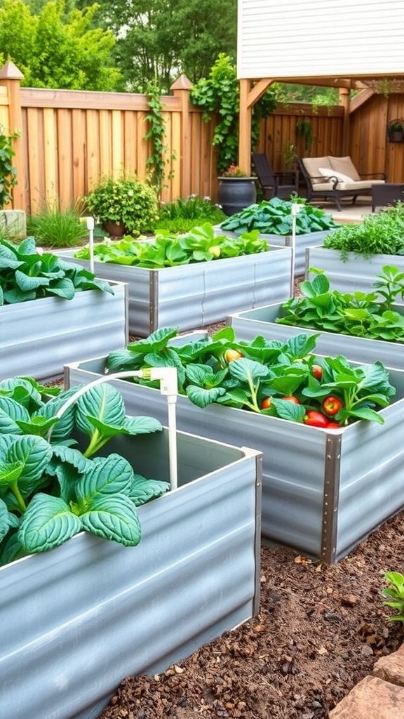 Galvanized metal raised garden beds filled with leafy greens and tomatoes in a backyard setting.