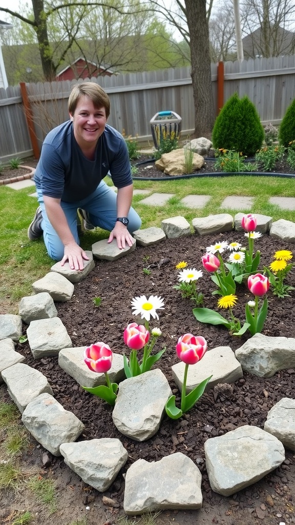 A person kneeling next to a flower bed edged with stones, featuring colorful tulips and daisies.