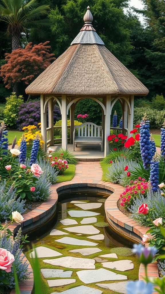 A beautiful garden featuring a thatched gazebo, colorful flowers, and a winding path.