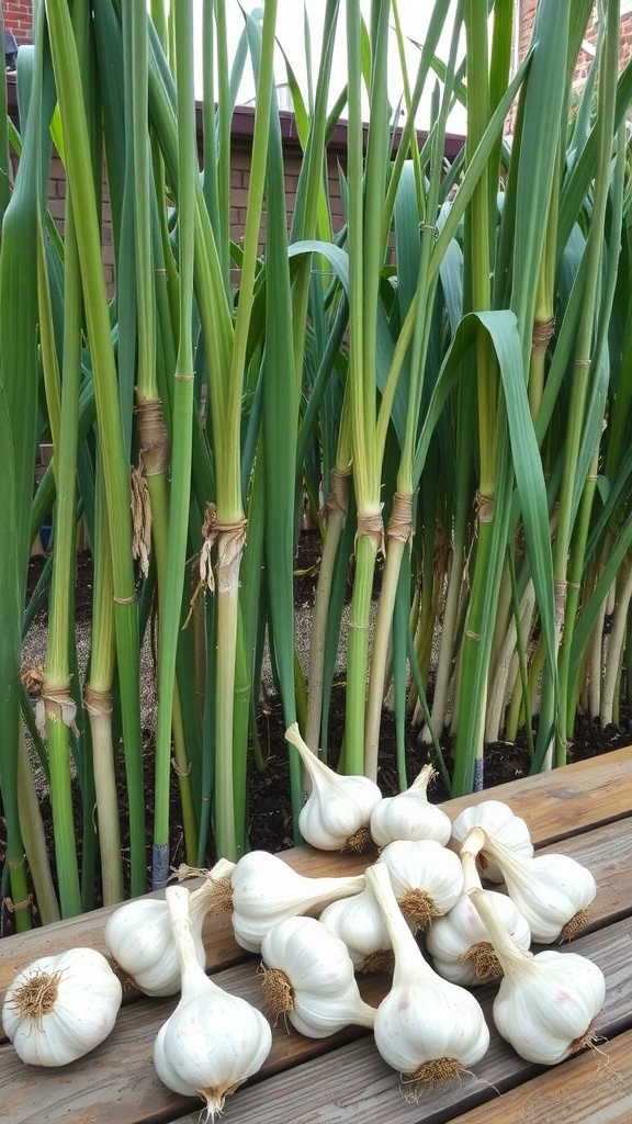 Freshly harvested garlic bulbs sitting on a wooden bench with green garlic plants in the background.