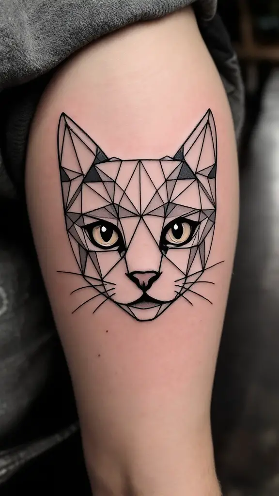 Geometric cat tattoo with sharp lines and angles.
