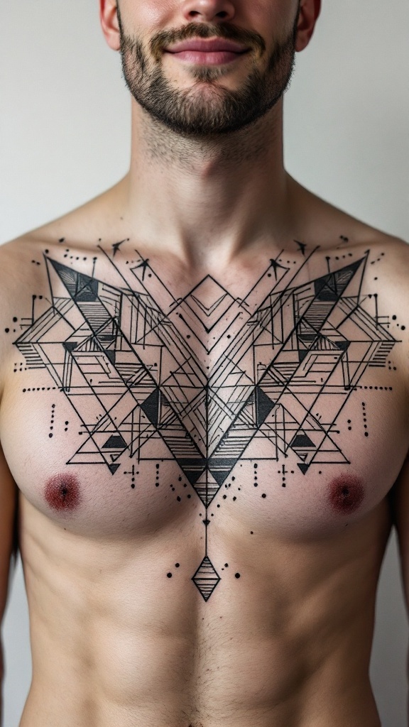 Geometric chest tattoo featuring intricate patterns and shapes.