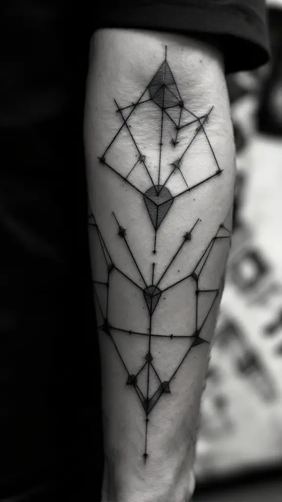 A black geometric hexagon elbow tattoo featuring intricate designs of triangles and lines.
