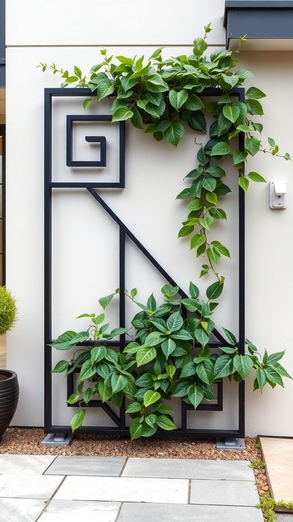 Geometric metal trellis with climbing plants