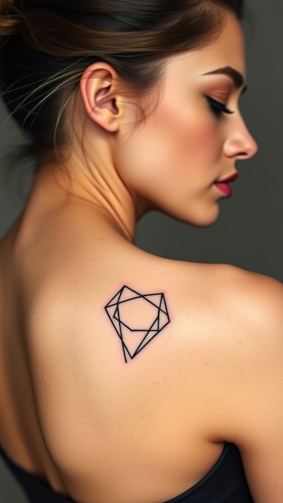 A close-up of a geometric diamond tattoo on a woman's shoulder.