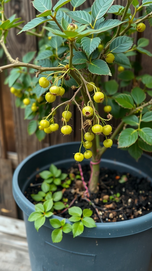 A potted gooseberry plant with green berries hanging from its branches