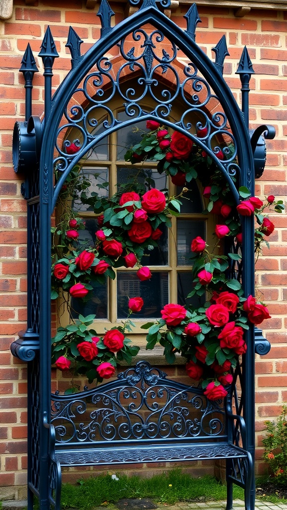 An ornate gothic-inspired trellis with climbing red roses, set against a brick wall.