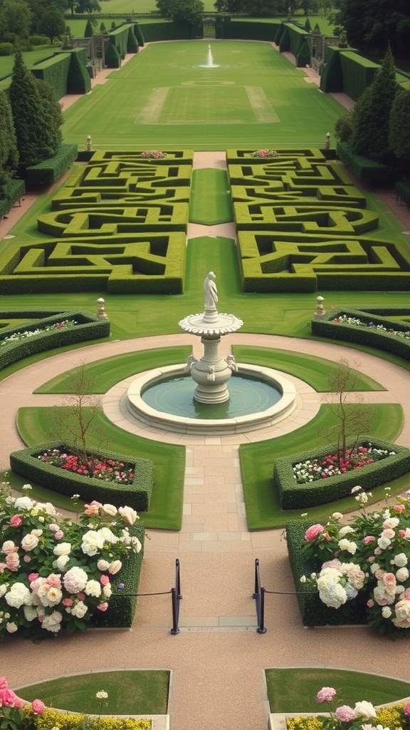 A breathtaking view of a grand English estate garden featuring a central fountain and neatly trimmed hedges.