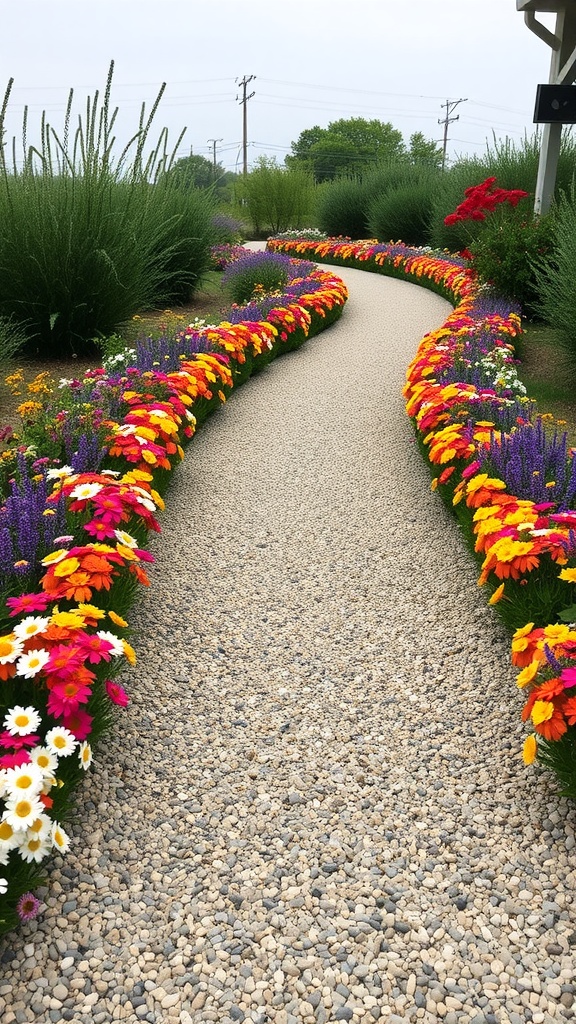 A gravel pathway lined with colorful flower borders, creating a vibrant and inviting garden space.