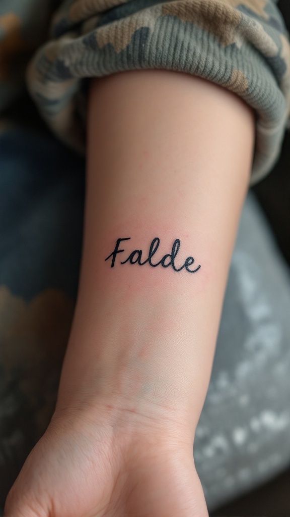 A close-up of a handwriting tattoo that says 'Fallde' on a person's forearm.