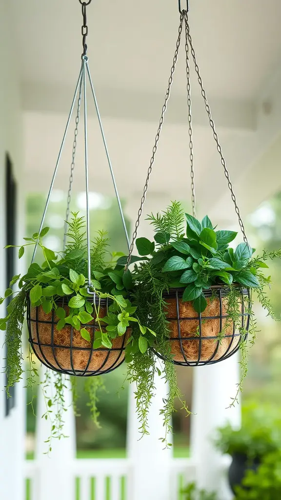 Two hanging baskets filled with lush green herbs