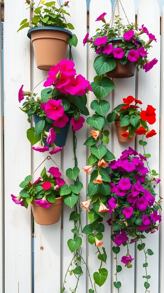 Vertical planters with colorful flowers on a white fence