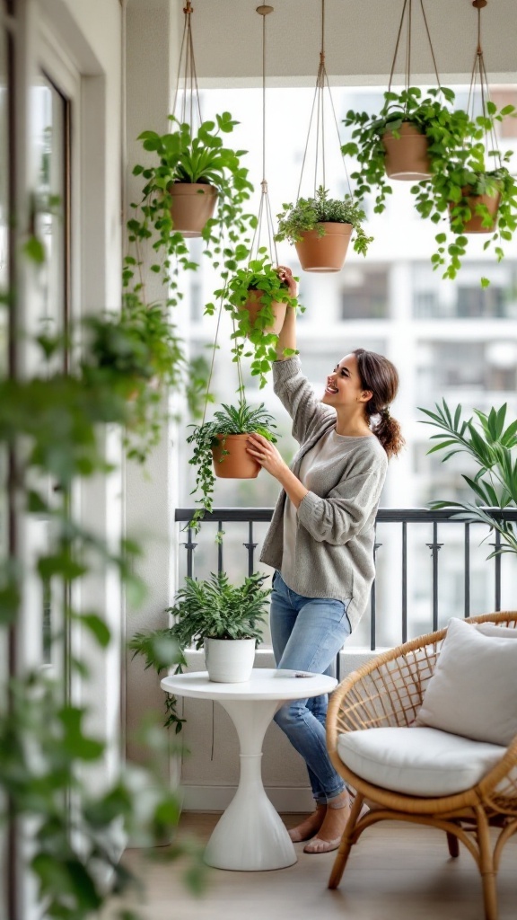 A woman tending to hanging plants on her balcony, surrounded by greenery.